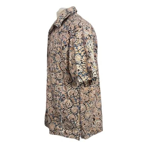 Vintage ORVIS Men's Size L Floral Print 100% Cotton Button Up Shirt Blue Tan - Picture 2 of 7
